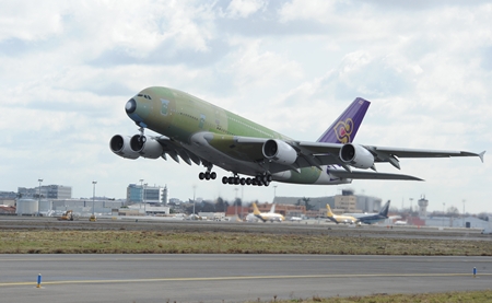 First THAI A380 takes off from Toulouse for its maiden flight.